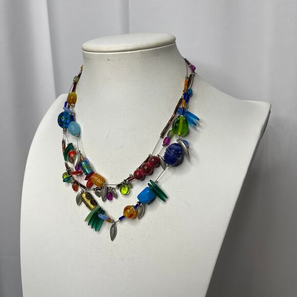 Chico's multi colored bohemian necklace signed costume jewelry blue green beads - Picture 10 of 15